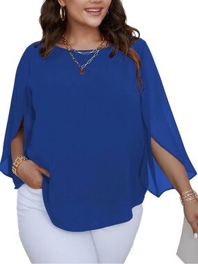 SCOMCHIC Plus-Size Chiffon 3/4 Sleeve Royal Blue Tunic Split-Sleeve Blouse-2XL